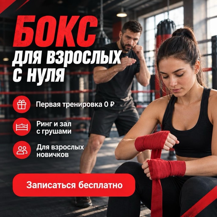 Баннер REKLIK для клуба бокса: заголовок с предложением и сцена тренировки