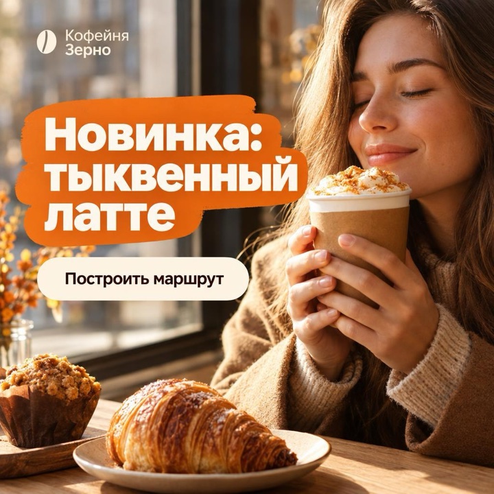 Пример баннера для кофейни: «Новинка: тыквенный латте»