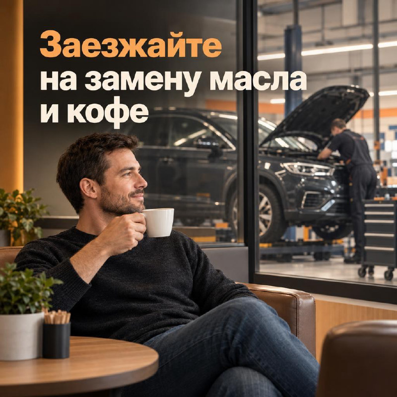 Пример баннера REKLIK для автосервиса: «Заезжайте на замену масла и кофе»