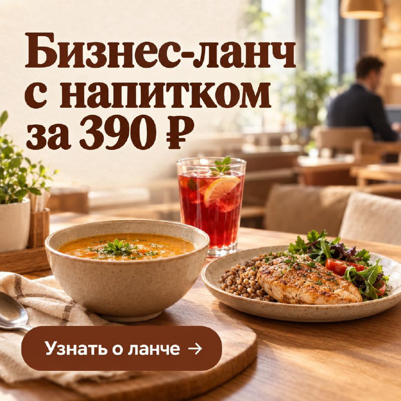Пример баннера REKLIK для кафе: «Бизнес-ланч с напитком за 390 ₽»