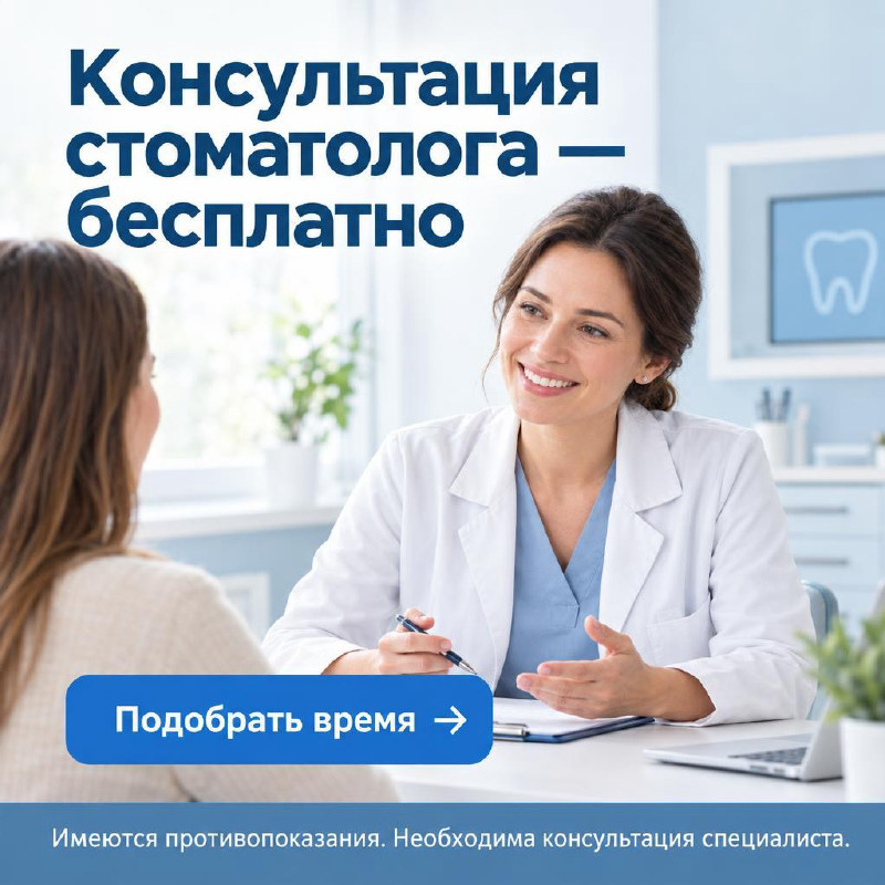 Баннер REKLIK для стоматологии: «Консультация стоматолога — бесплатно» с предупреждением о противопоказаниях